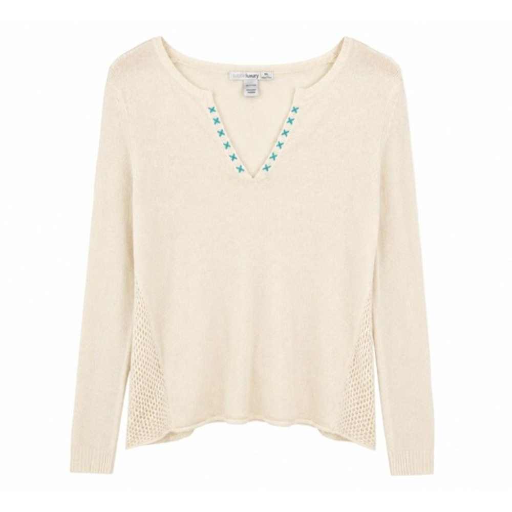 Subtle Luxury 100% Cashmere Sweater Cream Jade Embroidered V-Neck NWT‎